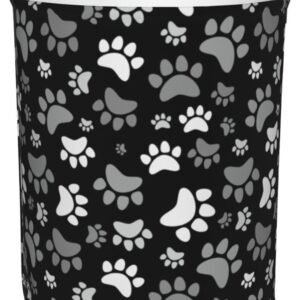 Black And White Dog Paws Round Laundry Hamper Cute Animal Footprints Storage Basket Toys Clothes Organizer Bin For Home Bathroom Bedroom Dorm Nursery, 38l