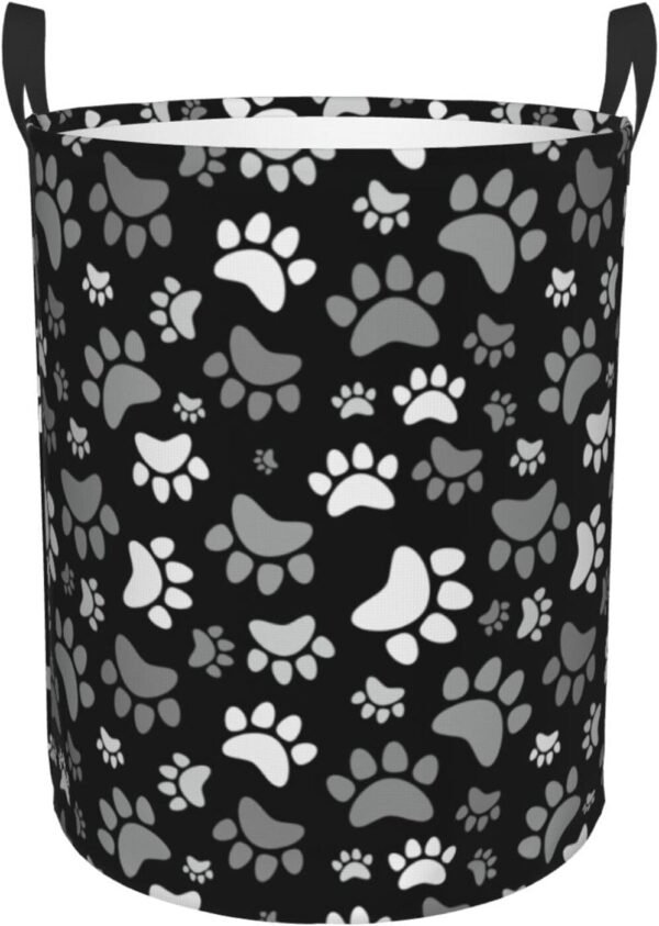 Black And White Dog Paws Round Laundry Hamper Cute Animal Footprints Storage Basket Toys Clothes Organizer Bin For Home Bathroom Bedroom Dorm Nursery, 38l