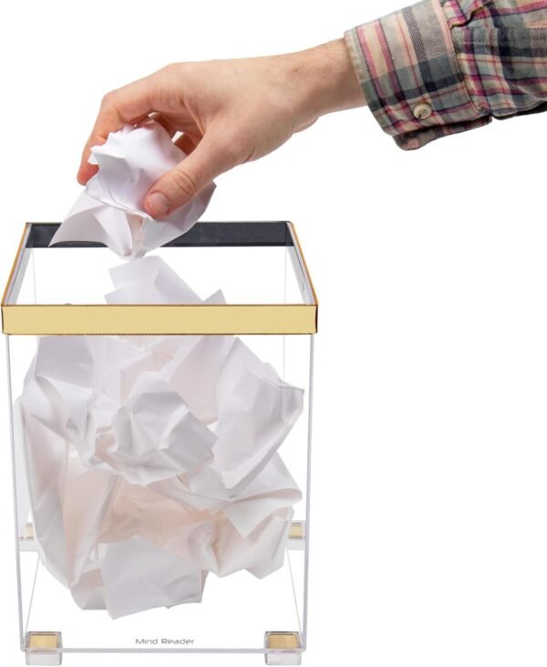 Mind Reader Trash Can, Wastebasket, Bin, Wastepaper Basket, Clear, Office, Bathroom, 8" L x 8" W x 10.5" H, Clear and Gold - Image 5