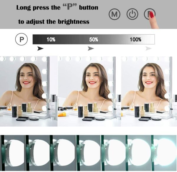 22.8"x 18.1" Vanity Mirror Makeup Mirror with Lights,10X Large Hollywood Lighted Vanity Mirror with 15 Dimmable LED Bulbs,3 Color Modes,Touch Control for Bedroom,Tabletop or Wall-Mounted - Image 3