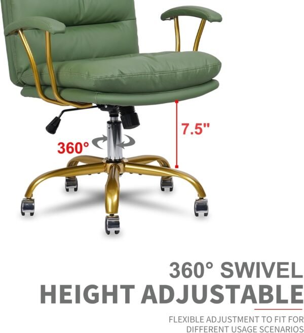 Home Office Chair, Mid-Back PU Leather Ergonomic Task Desk Chair with Wheels and Gold Arms Comfortable Swivel Computer Chairs with Gold Foot for Dresser Bedroom Study Meeting (Green) - Image 6