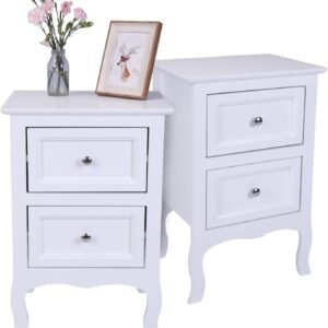 Nightstand with 2 Drawers, Country Style Night Stands for Bedrooms, Bed Side Table Cabinet/Night Stand for Small Spaces, College Dorm, Kids’ Room, Living Room (White, 2-Pack)