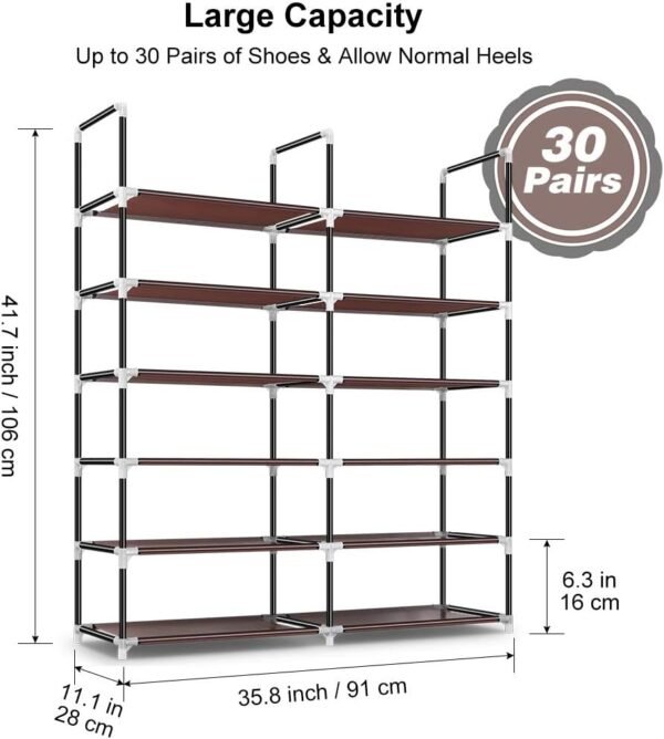 Awenia Shoe Rack 6 Tier, Durable and Stable Metal Shoe Organizer 30 Pairs Space Saving Shoe Tower Shoe Shelf for Closet Entryway Hallway, Non-Woven Fabric, Brown - Image 5