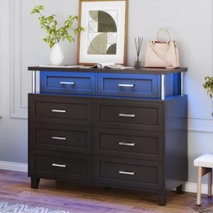 AOGLLATI Dresser for Bedroom with Column Design, Black Dresser with Cladding Process Design, 8 Drawer Short Modern Wide Bedroom LED Dresser for Bedroom