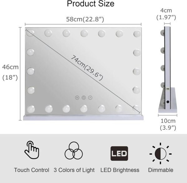 Hollywood Vanity Mirror with Lights, Tabletop Makeup Mirror with 20 Dimmable LED Bulbs, 3 Color Lighting Modes, Vanity Mirror for Bedroom, Touch Control, Tabletop or Wall-Mounted, White - Image 7