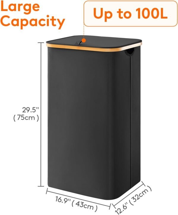 Lifewit 100L Laundry Basket with Lid, Clothes Hampers for Laundry with Bamboo Handles and A Removable Laundry Bag, Large Foldable Laundry Hamper for Bedroom, Bathroom, Dorm, Laundry Room, Black - Image 4