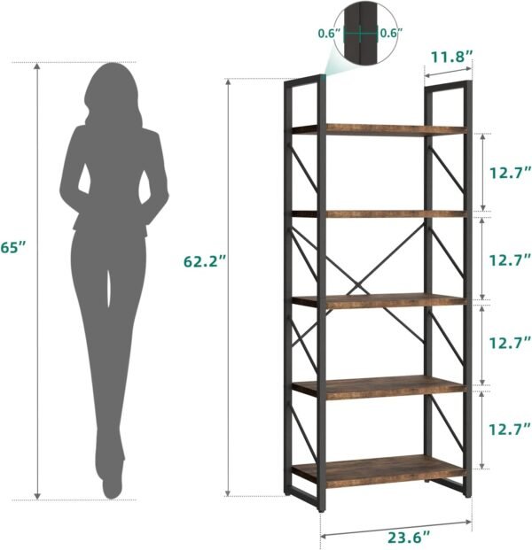 YITAHOME 5 Tiers Bookshelf, Artsy Modern Bookcase, Book Rack, Storage Rack Shelves Books Holder Organizer for Books/Movies in Living Room/Home/Office - Rustic Brown (FTOFBC-0016) - Image 2