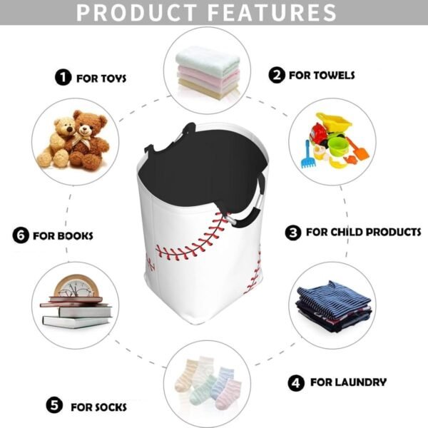 Red Stitching Baseball Laundry Hamper White Ball Storage Basket Toys Clothes Organizer Bin For Home Bathroom Bedroom Dorm Nursery, 52l - Image 4