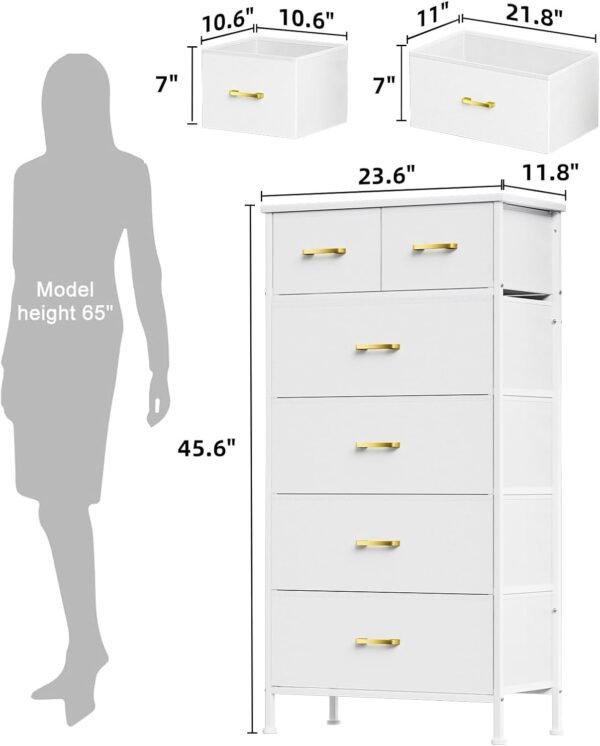 Tall Dresser with 6 Drawers, White Dresser for Bedroom, Tall Storage Tower for Closet, Nursery, Dorm, Dresser Organizer with Sturdy Steel Frame, Fabric Bins, Leather Finish, Wood Top, White - Image 3