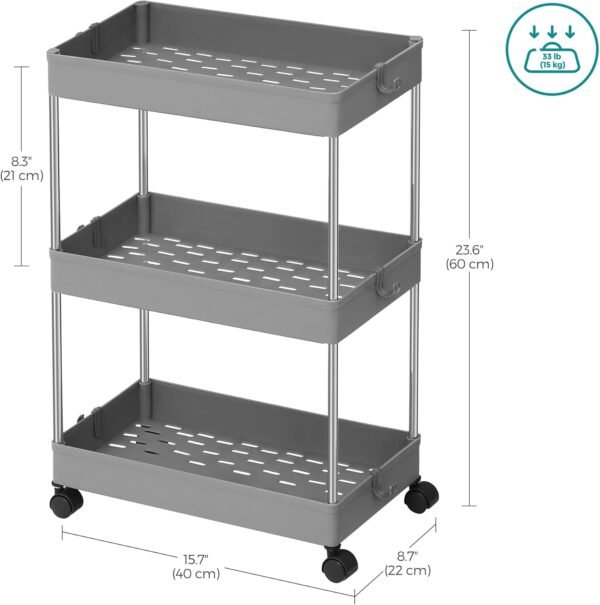 SONGMICS Slim Storage Cart, 3-Tier Rolling Cart, Narrow Utility Cart on Wheels, 6 Hooks, 360° Swivel Wheels, Lockable, Steel Frame, Bathroom, Kitchen, Office, Dove Gray UKSC009G01 - Image 6