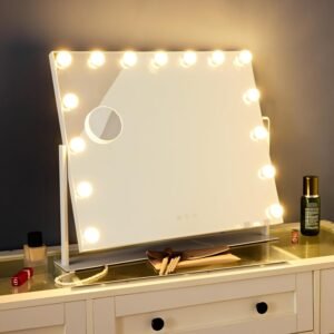 Hollywood Vanity Mirror with 15 LED Bulbs, Makeup Mirror with 10X Detachable Magnification – 360° Rotation Vanity Mirror with Dimmable and 3 Color Temperature Adjustable Lights, White, 22 x 19″