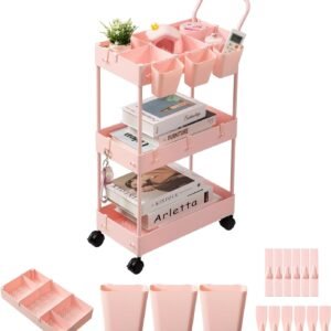 danpinera Slim Storage Cart, 3 Tier Narrow Rolling Cart on Wheels Bathroom Organizer Cart with Dividers Handle Hanging Cups Hooks for Laundry Room Kitchen Small Spaces, Pink