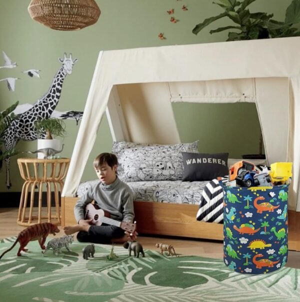 19.7 Inch Dinosaur Round Kids Laundry Clothes Hamper Dino Laundry Basket with Handles,Baby Toys Storage Organizer Bins Laundry Gift Basket for Boys and Girls Room, Bedroom Decor - Image 3