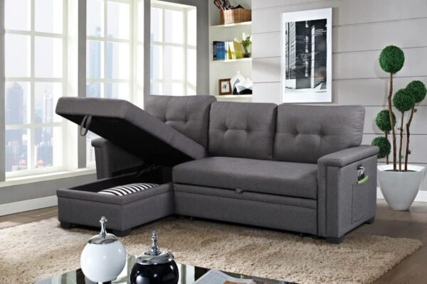 Lilola Home Ashlyn Dark Gray Reversible Sleeper Sectional Sofa with Storage Chaise, USB Charging Ports and Pocket - Image 5