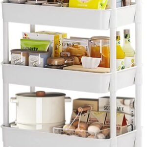 5-Tier Rolling Cart, Utility Cart with Lockable Wheels, Storage Cart Craft Cart Book Cart Diaper Cart Organizer for Bathroom Kitchen, White