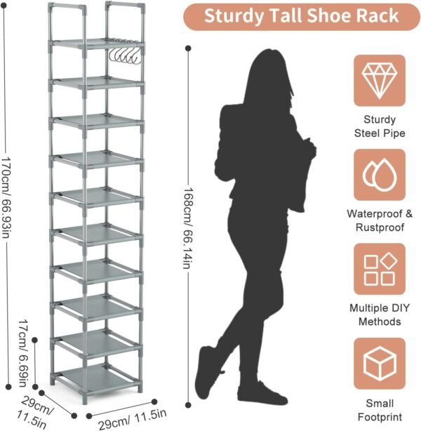 Narrow Shoe Rack 10-Tier Tall Shoe Organizer Skinny Shoe Shelf Storage for 10-15 Pairs Shoe and Boot, Space Saving Corner Shoe Rack Organizer for Closet, Entryway, Living Room, Grey - Image 3