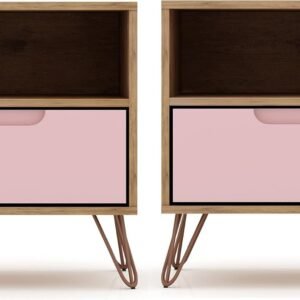 Manhattan Comfort Rockefeller Nightstands Set of 2 with Drawer and Cubby, Ideal for Bedroom and Living Room, Bedside Table with Mid Century Modern Design, Functional Storage Organizer, Pink