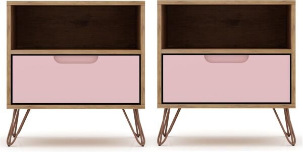 Manhattan Comfort Rockefeller Nightstands Set of 2 with Drawer and Cubby, Ideal for Bedroom and Living Room, Bedside Table with Mid Century Modern Design, Functional Storage Organizer, Pink