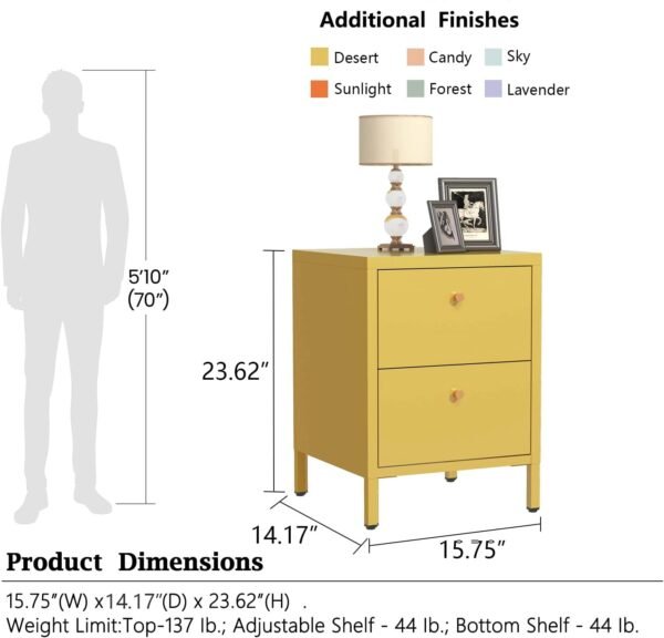 Nightstand 2 Drawer Dresser for Bedroom,Bedside Furniture, Night Stand, End Table Small Dresser with 2 Drawers, for Bedroom, Closet, Entryway, College Dorm Yellow Size: 23.62”H x 15.75”W x 14.17”D - Image 3