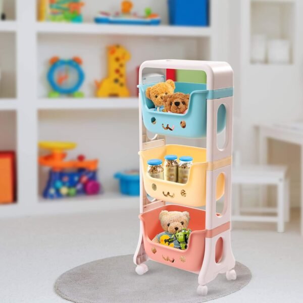 Storage Bins with Fixed Wheels, Three-Layer Toy Storage Cubes Box, Toy Organizer with 3 Toy Stacking Bins, Toy Box Container as Birthday Gift with U-Shaped Opening, Capacity22.04lbs - Image 2