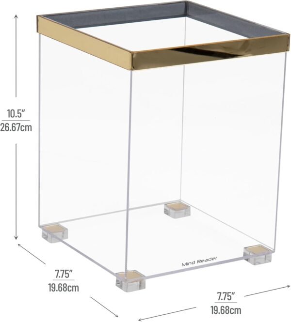 Mind Reader Trash Can, Wastebasket, Bin, Wastepaper Basket, Clear, Office, Bathroom, 8" L x 8" W x 10.5" H, Clear and Gold - Image 3