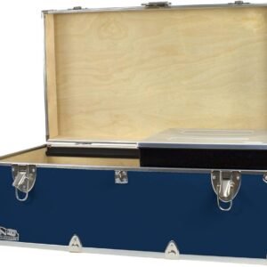 C&N Footlockers – Full-Size Happy Camper Trunk w/Tray – #1 Summer Camp Trunk – Made in the USA – Steel Footlocker with Lid Stay – 32 x 18 x 13.5 Inches (Navy)