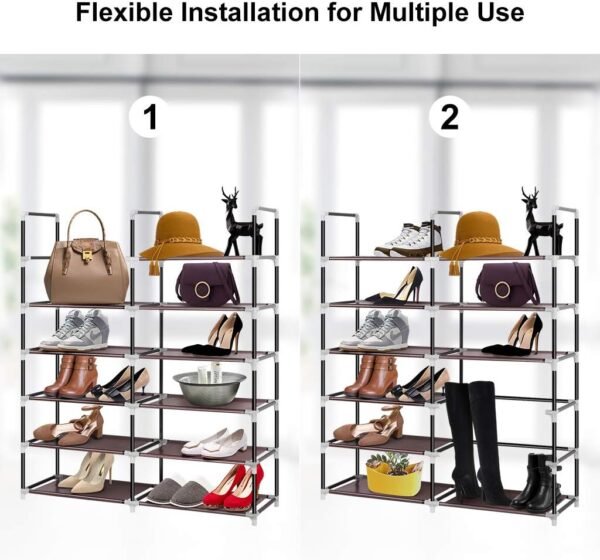 Awenia Shoe Rack 6 Tier, Durable and Stable Metal Shoe Organizer 30 Pairs Space Saving Shoe Tower Shoe Shelf for Closet Entryway Hallway, Non-Woven Fabric, Brown - Image 4