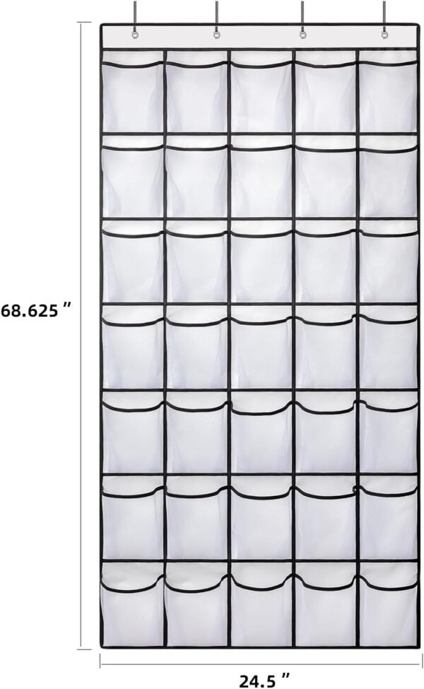 35 Pockets Over the Door Shoe Organizer, Hanging Shoe Organizer for Door with 35 Mesh Pockets Large Capacity Shoe Hanging Storage Bag with 4 Metal Hooks (White-1Pack) - Image 3