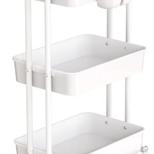 Simple Houseware 3-Tier Kitchen Multifunctional Rolling Utility Cart with Hanging Bucket, White