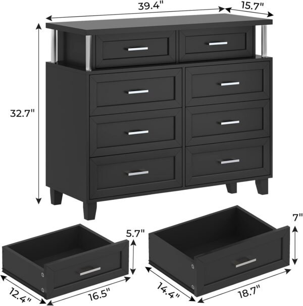 AOGLLATI Dresser for Bedroom with Column Design, Black Dresser with Cladding Process Design, 8 Drawer Short Modern Wide Bedroom LED Dresser for Bedroom - Image 2