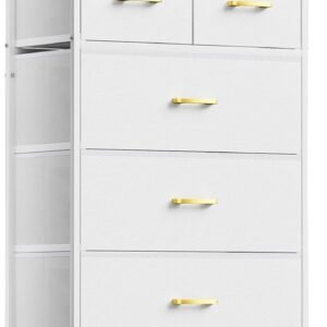 Tall Dresser with 6 Drawers, White Dresser for Bedroom, Tall Storage Tower for Closet, Nursery, Dorm, Dresser Organizer with Sturdy Steel Frame, Fabric Bins, Leather Finish, Wood Top, White