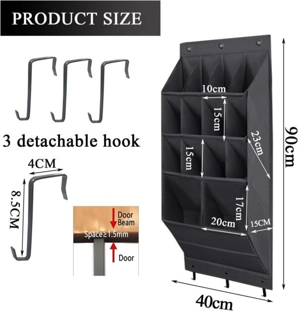 Over the Door Shoe Organizer, 14 Pockets Hanging Shoe Storage Rack with Large Deep Pockets, Oxford 600D Fabric Grey Shoe Storage Rack with 6 hook for Shoes, Slipper,Home Accessories etc - Image 2