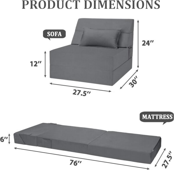 5 in 1 Folding Sofa Bed, Single Size Convertible Sleeper Chair with Pillow, Memory Foam Futon Couch, Velvet Fabric Washable Mattress for Living Room, Dorm, Guest, Office, Apartment, Dark Gray - Image 2