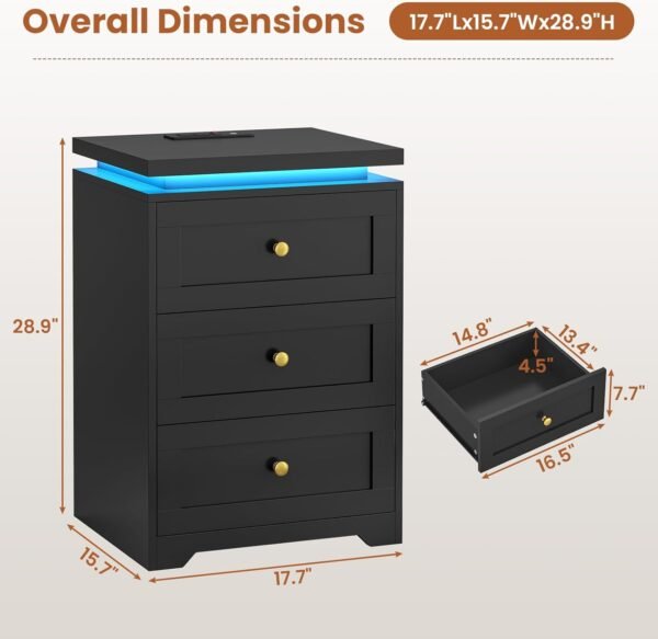 VIAGDO Black Night Stand Set 2 with Charging Station, Nightstand Set of 2 with 3 Storage Drawers, Modern LED Nightstands with Lights, Large Bedside Tables with USB Ports and Outlets for Bedroom, Dorm - Image 2