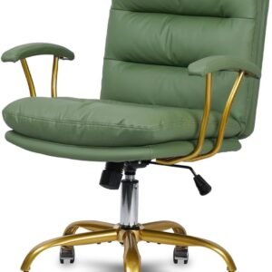 Home Office Chair, Mid-Back PU Leather Ergonomic Task Desk Chair with Wheels and Gold Arms Comfortable Swivel Computer Chairs with Gold Foot for Dresser Bedroom Study Meeting (Green)