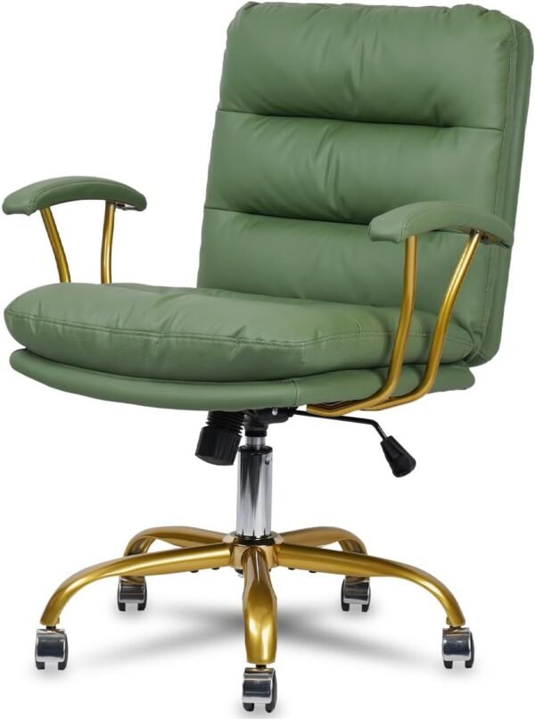 Home Office Chair, Mid-Back PU Leather Ergonomic Task Desk Chair with Wheels and Gold Arms Comfortable Swivel Computer Chairs with Gold Foot for Dresser Bedroom Study Meeting (Green)