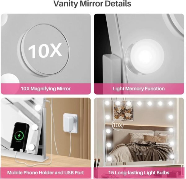 Hollywood Vanity Mirror with 15 LED Bulbs, Makeup Mirror with 10X Detachable Magnification - 360° Rotation Vanity Mirror with Dimmable and 3 Color Temperature Adjustable Lights, White, 22 x 19" - Image 4
