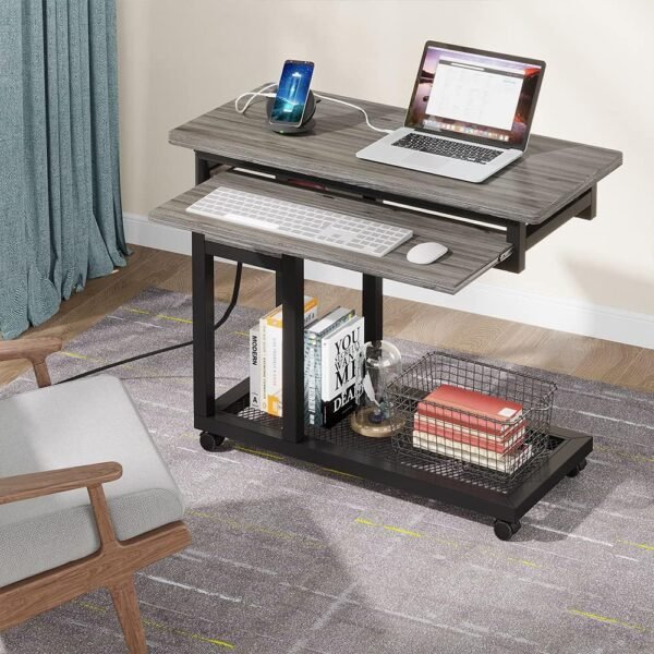 Tribesigns Small Portable Desk with Power Outlet, Height Adjustable Sofa Couch Bedside Laptop Table with Wheels, Mobile Standing Desk Rolling Computer Cart C Side Table with USB Ports - Image 10