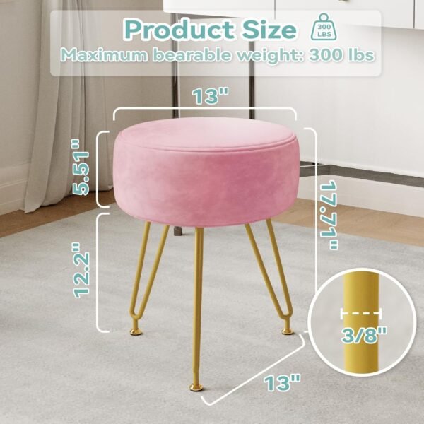 Ottoman Velvet Vanity Stool - Stool for Bedroom,Make Up Chiar Soft Footrest 3 Metal Legs with Anti-Slip Feet，Vanity Chair for Makeup Room,Living Room,Bathroom,Dormroom Light Pink Vanity Chair - Image 2