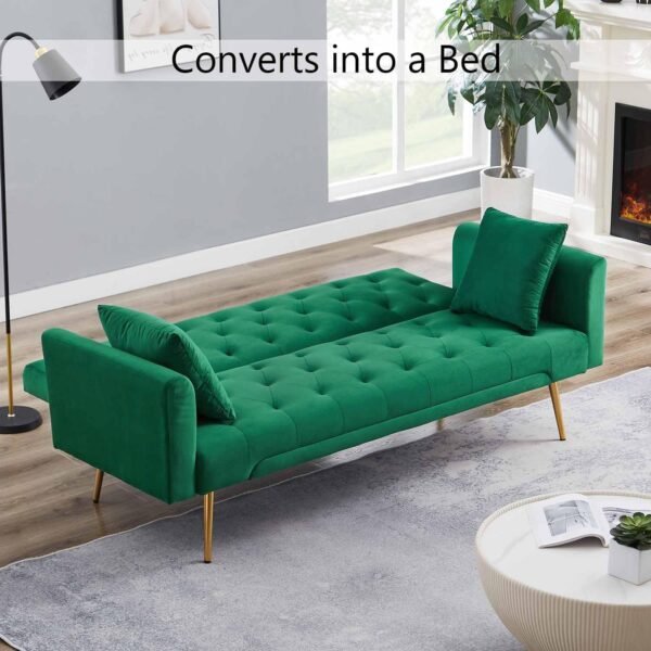 Velvet Sofa Bed Futon w/2 Pillows, Modern Convertible Sleeper Couch, Folding Upholstered Recliner Loveseat, 3-Angle Adjustable, 2-in 1Memory Foam Living Seat for Office Studio (Green) - Image 6