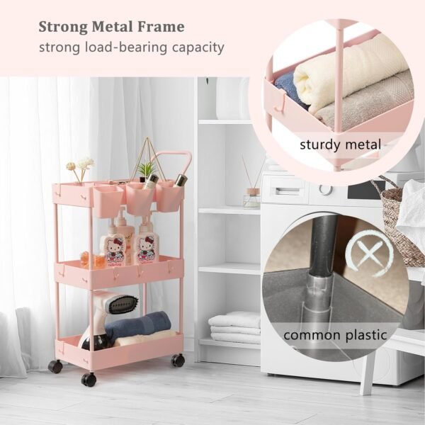 danpinera Slim Storage Cart, 3 Tier Narrow Rolling Cart on Wheels Bathroom Organizer Cart with Dividers Handle Hanging Cups Hooks for Laundry Room Kitchen Small Spaces, Pink - Image 8