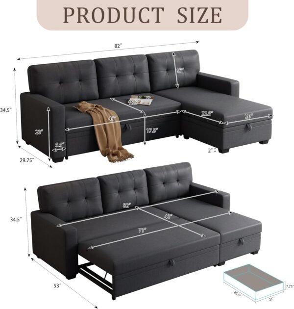 82" L-Shape Convertible Sleeper Sectional Sofa with Storage Chaise and Pull-Out Bed,Modular Corner Couch Lounge,w/Removable 3 Back Cushions & Armrest,for Home Furniture,Dark Gray - Image 2