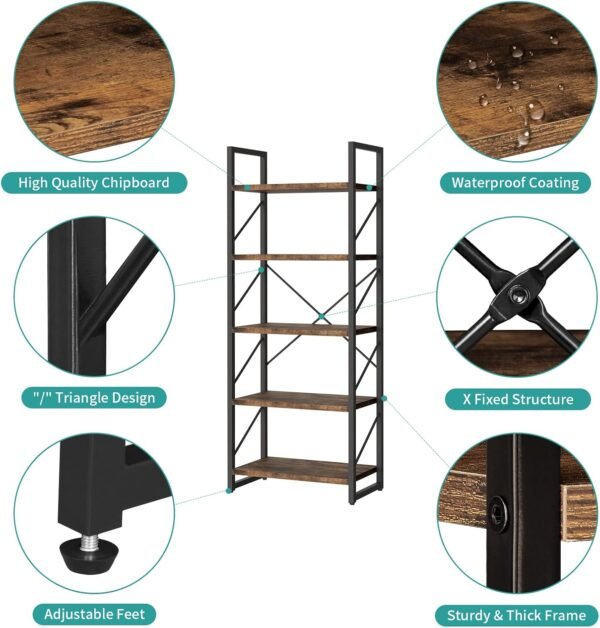 YITAHOME 5 Tiers Bookshelf, Artsy Modern Bookcase, Book Rack, Storage Rack Shelves Books Holder Organizer for Books/Movies in Living Room/Home/Office - Rustic Brown (FTOFBC-0016) - Image 7