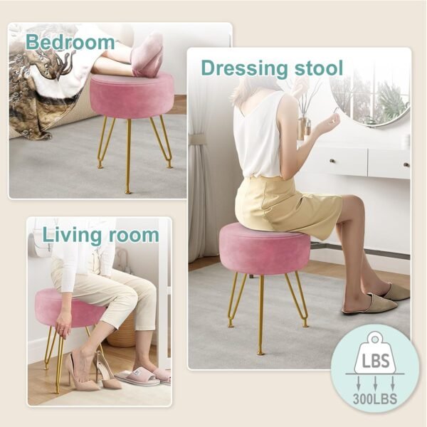 Ottoman Velvet Vanity Stool - Stool for Bedroom,Make Up Chiar Soft Footrest 3 Metal Legs with Anti-Slip Feet，Vanity Chair for Makeup Room,Living Room,Bathroom,Dormroom Light Pink Vanity Chair - Image 7