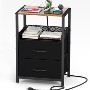 Night Stand with Drawers, Bedside Table with USB Ports and Outlets Chargin Station, 2 Fabric Storage Shelf Nightstand for Small Spaces, Bedroom, Dormitory, Sofa, Living Room, Black