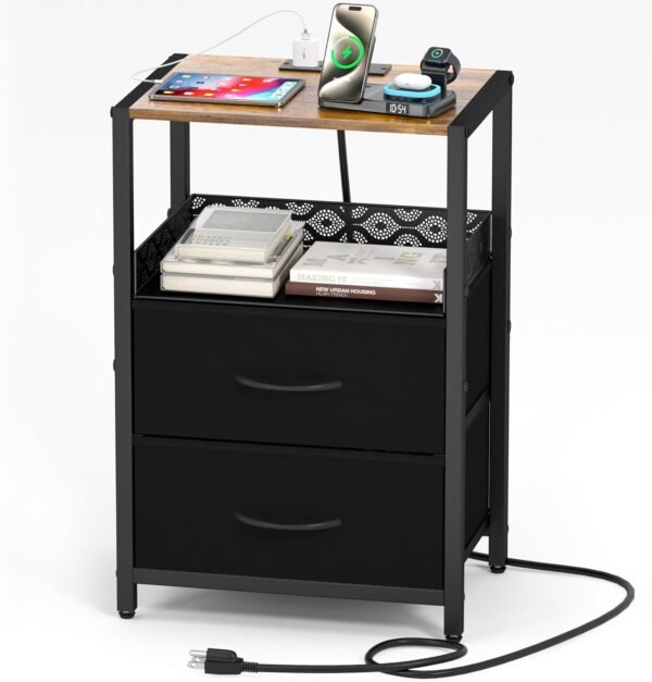 Night Stand with Drawers, Bedside Table with USB Ports and Outlets Chargin Station, 2 Fabric Storage Shelf Nightstand for Small Spaces, Bedroom, Dormitory, Sofa, Living Room, Black