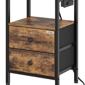 Nightstands, Dorm Night Stand with Charging Station, Bedside Tables with 2 Non-Woven Drawers, Side Table for Dorm Room, End Table Bedroom for Small Spaces, College, Living Room ET02BR