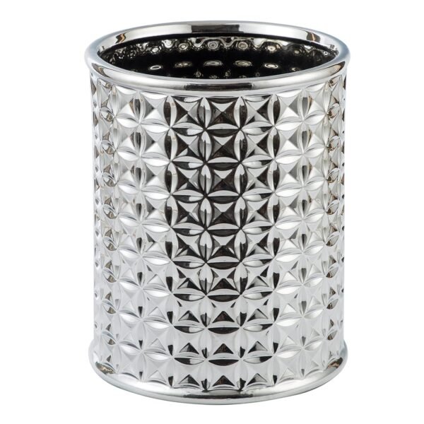 Round Silver Trash Can, Small Wastebasket, Garbage Receptacle Bin for Bathrooms, Powder Rooms, Kitchens, Home Offices - Durable Ceramics