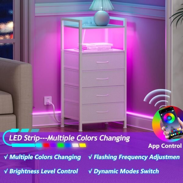 Furnulem White Nightstand with Charging Station, Night Stand Side Table with Led Light, Tall Dresser for Bedroom with 4 Fabric Storage Drawers, Metal Frame, Wood Shelf(White) - Image 5