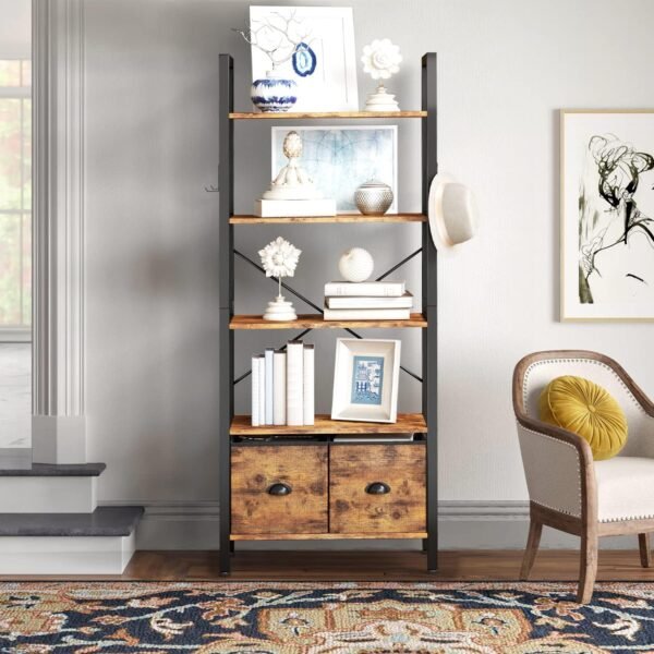 oneinmil 5-Tier Bookshelf with 2 Storage Drawers, Industrial Display Standing Shelf, Rustic Wood Storage Shelf with Metal Frame, Open Bookcases for Living Room, Bedroom, Home Office (Brown) - Image 2